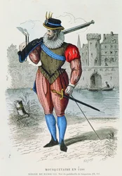 Muszkieter w 1586 r., ilustracja z Costumes de Paris a travers les siecles H. Gourdona de Genouillac, sztych. A. Renard (kolorystyka)