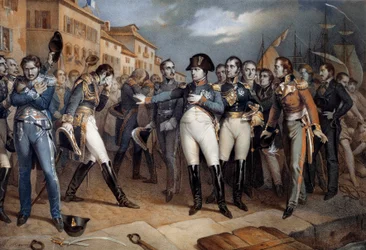 Napoleon I (1769-1821) podporządkował się brytyjskiemu prawu i poddał się 14.07.1815 Litografia około 1815 Ile d