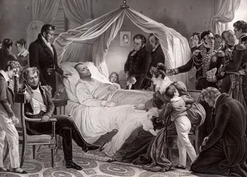Napoleon I na łożu śmierci na Św. Helenie, 5 maja 1821, według obrazu Charlesa de Steubena