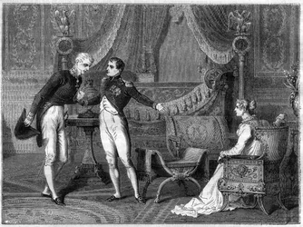 Napoleon, jego żona Marie-Louise i książę Metternich rozmawiają