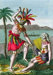 Rdzenni mieszkańcy Wysp Markizów, ilustracja z Histoire des Voyages Autour du Monde autorstwa J. Dufay, wydana przez Courvalet & Co., Paryż, 1826 (grafika kolorowa)