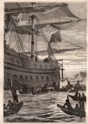 Rdzenni mieszkańcy trzymali w ręku gałęzie bananowców: podróż Samuela Wallisa (1728-1795) do Polinezji - rdzenni mieszkańcy trzymali gałęzie bananów na powitanie - ilustracja zaczerpnięta z „Wielkich żeglarzy XVIII wieku””