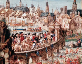 Pokazy żeglarskie organizowane przez miasto Rouen z okazji królewskiego wjazdu króla Henryka II (1519-1559) i Katarzyny Medycejskiej (Caterina de Medici) (1519-1589) w dniu 1.10./1550. most Saint Ouen (most St Ouen in