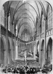 Architektura neogotycka: widok wnętrza kościoła Sainte Clotilde (1846-1857), w Paryżu, podczas jego inauguracji 30 listopada 1857 r. Rycina Bertranda w „Le Monde Illustré” nr 34 z 5 grudnia 1857 r.