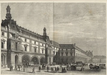 Nowe budynki Tuileries na Place du Carrousel (rycina) - Nowy Luwr - fasada od strony Place du Carrousel i Salle des Etats - grawer z 1869 r.