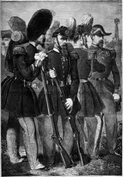 Nowe mundury francuskiej gwardii cesarskiej w 1860 r. Grawer „”Le Monde Illustré”” nr 165 z 9 czerwca 1860 r.