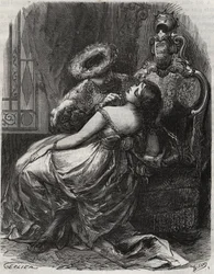 Ładna szyja! Że kat byłby szczęśliwy, gdyby go odciął! Król Anglii Henryk VIII (1491-1547) z żoną Katarzyną Parr (1512-1548). Grawer z 1871 r. w „Histoire Des Cocus Celebres” Henry