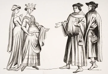 Noble Lady and Maid of Honor and Two Burgesses, według miniatury w „Merveilles du Monde”, z „Le Moyen Age et La Renaissance” Paula Lacroix (1806-84) opublikowanej w 1847 roku