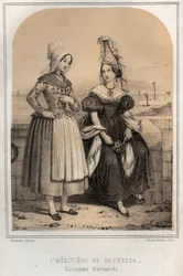 Kostiumy normańskie - dziedziczka Caudebec - grawerowanie w „MOUS OF MY UNCLE MIMORES AND RECITETS OF TRAVELS” MORING MICHEL - koniec XIX wieku