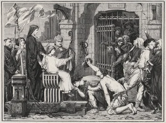 Z okazji swojej przyszłości (1227 r.) młody Ludwik IX kazał więźniom delivate - grawerowanie w „Les Hommes Celebres de la France” Ludwika Dumasa 1889