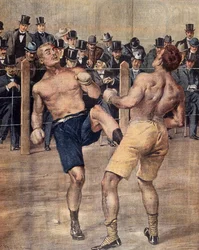 Jedno z pierwszych savate spotkań, francuski boks, stoczone w Paryżu w 1899 r., Grawerowanie kolorami. Francja