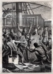 Tylko lustro mogło wzbudzić ich zdziwienie: Podróż Samuela Wallisa (1728-1795) w Polinezji - indigenes etonnes przy lustrze - ilustracja zaczerpnięta z „Wielkich marynarzy XVIII wieku”