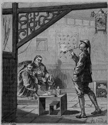 Palacze opium w Chinach w XIX wieku - Chińscy palacze opium - Grawerowanie w ""Nauki dostępne dla wszystkich - Popularna fizyka i chemia"" Alexis Clerc - Koniec XIX wieku - Kolekcja prywatna