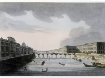 Widok optyczny Paryża: Pont des Arts około 1810 roku, miasto Paryż.