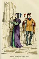 Stroje strony i trubadur w XIII wieku. Grawerowanie barwne według rysunku rękopisu cudów św. Ludwika (Ludwik IX 1214-1270), w „France et les francais à travers les century” Augustina Challamela, redaktora F.Roya, Paryż 1882. S