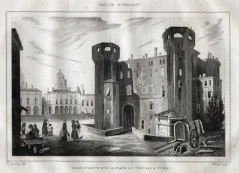 Pałac Aosty na Place du Chateau w Turynie - Rycina z „” Malownicze Włochy”” – Malarstwo historyczne i opisowe Włoch” M. de Norvins, Ch. Nodier 1834-1836.
