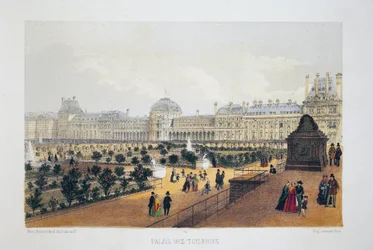 Pałac Tuileries, Paryż. Litografia akwarelowa, ilustracja w „Album, pamiątki z Paryża”, redaktor Daziaro, Paryż