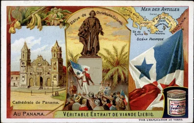 Panama: katedra, pomnik Kolumba, flaga - chromo.