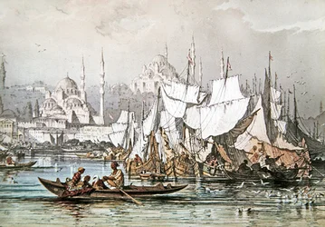 Panorama żeglugi w porcie w Konstantynopolu z Błękitnym Meczetem i Hagia Sophia