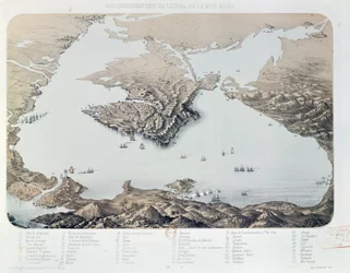 Panoramiczny widok i plan Sewastopola oraz wybrzeża Morza Czarnego w czasie wojny krymskiej, 1855