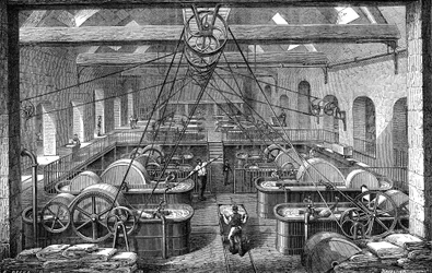Przemysł papierniczy: warsztat do rafinacji i bielenia masy papierniczej. Rycina 1867