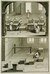 Wytwarzanie papieru, z „Encyklopedii” Denisa Diderota (1713-84), opublikowanej ok. 1770 (rycina) (patrz także 172398)