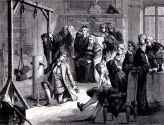 Papin (1647 - 1714) eksperymentuje ze swoją maszyną proszkową przed profesorami Uniwersytetu w Marburgu - w „Albumie Nauki; wybitni naukowcy; Wielkie odkrycia”” 1896.