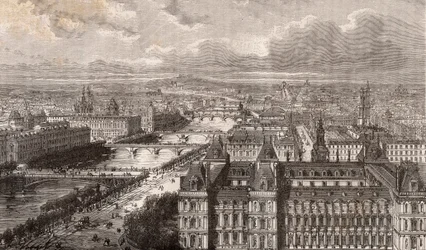 Paryż – Sekwana – Mosty – widok z wieży Saint-Gervais – rycina w „La France illustrée: geografia, historia, administracja statystyczna” autorstwa V.-A. Słodowy Brąz. 1884