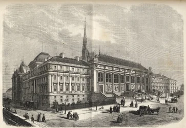 Paryż - nowa fasada gmachu sądu, zbudowana przez Josepha-Louisa Duca (1802-1879) - (Fasada Zachodnia, przy Rue de Harlay) grawer z 1869 roku