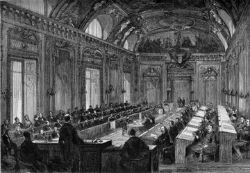 Paryż, 4 sierpnia 1871: pierwsze posiedzenie rady miejskiej w sali tronowej Palais du Luxembourg. Grawer w „”Le Monde Illustré”” nr 748 z dnia 12 sierpnia 1871 r.