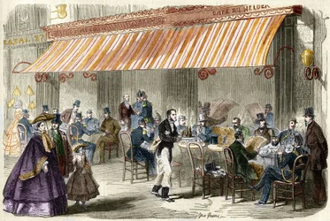 Paryż w XIX wieku. Boulevard des Italiens w 1859 roku: przed kawiarnią Helder o piątej wieczorem.