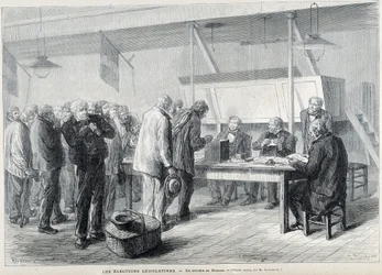 Wybory parlamentarne: lokal wyborczy w Beauce - w „Le Monde Illustré”, marzec 1876