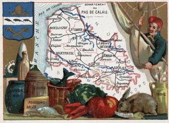 Pas-de-Calais (62), Nord-Pas-de-Calais, Francja. Lokalne specjały: czarne mydło, brudna ryba, cydr i tytoń. Seria o francuskich departamentach. Chromolitografia (chromo) „nić geograficzna”, około 1920. Kolekcja prywatna.