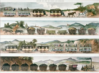 Pasażerowie i towar na pierwszej francuskiej linii otwartej między Lyonem a St. Etienne, 1829 (kolor lito)