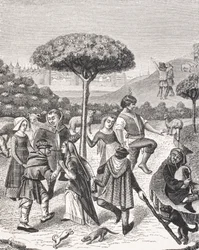 Chłopskie tańce świąt majowych, według miniatury z XV-wiecznego modlitewnika, z „Le Moyen Age et La Renaissance” Paula Lacroix (1806-84) opublikowanej w 1847 r.