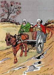 Peggoty miała na kolanach koszyk na zakupy", scena z rozdziału III "Dawida Copperfielda" Charlesa Dickensa (1812-70) (litografia kolorowa)