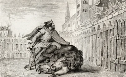 Pepin III (714-68) Łokietek z lwem i bykiem, z "Histoire de France" Colarta, wydanej ok. 1840 r.
