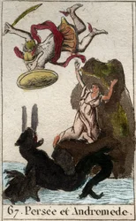 Reprezentacja Persee przybywająca na ratunek Andromede enchainee a un rock (Perseusz uratował Andromedę przykutą do skały) Z „Mythologie de la jeunesse” Pierre Blancharda 1803.