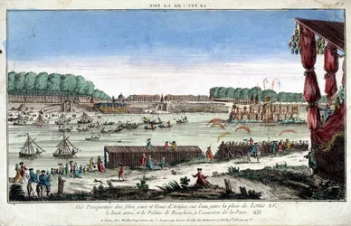 Widok perspektywiczny imprez, gier i fajerwerków na wodzie, między Place Louis XV a Palais Bourbon, z okazji Pokoju
