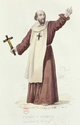 Piotr Pustelnik (ok. 1050-1115) głoszący pierwszą krucjatę w 1095, ok. 1840 (kolorowe grawerowanie)