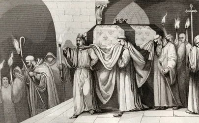 Filip III (1245–85) Śmiały pomaga nieść trumnę ojca, z „Histoire de France” Colarta, wydanej ok. 1840 r.