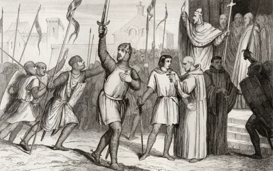 Philippe I (1052-1108) i papież Urban II (ok. 1035-99) zbierają zwolenników na pierwszą krucjatę w 1095, z „Histoire de France” Colarta, opublikowanej ok. 1840