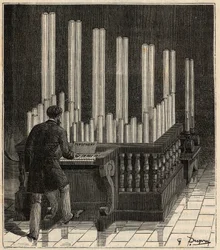 Piano a Gaz - (organ gazowy) Pyrophone (organ pożaru/wybuchu) (kaliope pożaru/wybuchu) Grawerowanie w „”Nauki przyniesione do drzwi wszystkich - Popularna fizyka i chemia” Alexis Clerc - Koniec XIX wieku - Prywatna kolekcja