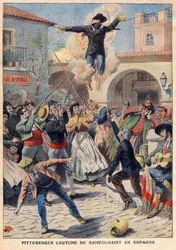 Malowniczy zwyczaj Wielkiej Soboty w Hiszpanii: ludzie robią wiklinowy manekin ubrany w oriskiny (Judas), które przechodzą ulicami, oszczercze, rozstrzelane i podpalone - ilustracja z „The Petit Journal” z 31 marca