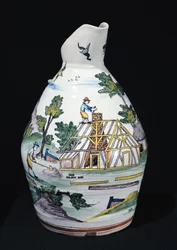 Dzban przedstawiający budowę budynku, Sinceny, ok. 1740-50 (fajans)