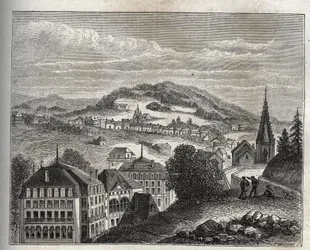 Plombieres-les-Bains (Plombieres les Bains) uzdrowisko termalne Wogezów - grawer w „La France illustree: geografia, historia, administracja statystyczna” V.A. Słodowo-Brązowy. 1884