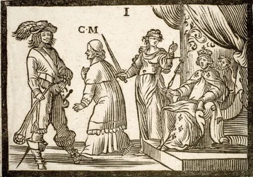 Broszury polityczne Mazarinade: Mazarin wygnany przez Justice and Sling, opuszcza króla (Ludwika XIII). Grawerowane drewno 1651.