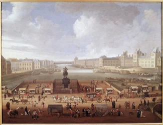 Pont-Neuf, Paryż, widziany od wejścia do Place Dauphine, ukazujący 4 Nations College, Quai Malaquais i Luwr (olej na płótnie