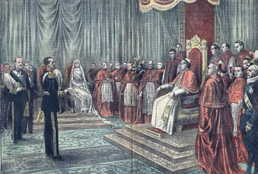 Papież Pius XI przyjmuje na uroczystej audiencji władców Hiszpanii w "Le Pelerin