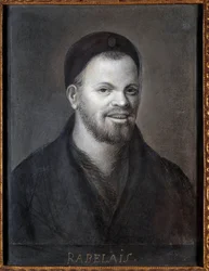 Portret przedstawia Francois Rabelais (1494-1553), francuskiego pisarza i lekarza. Rysunek szkoły francuskiej, 22,5 x 17 cm